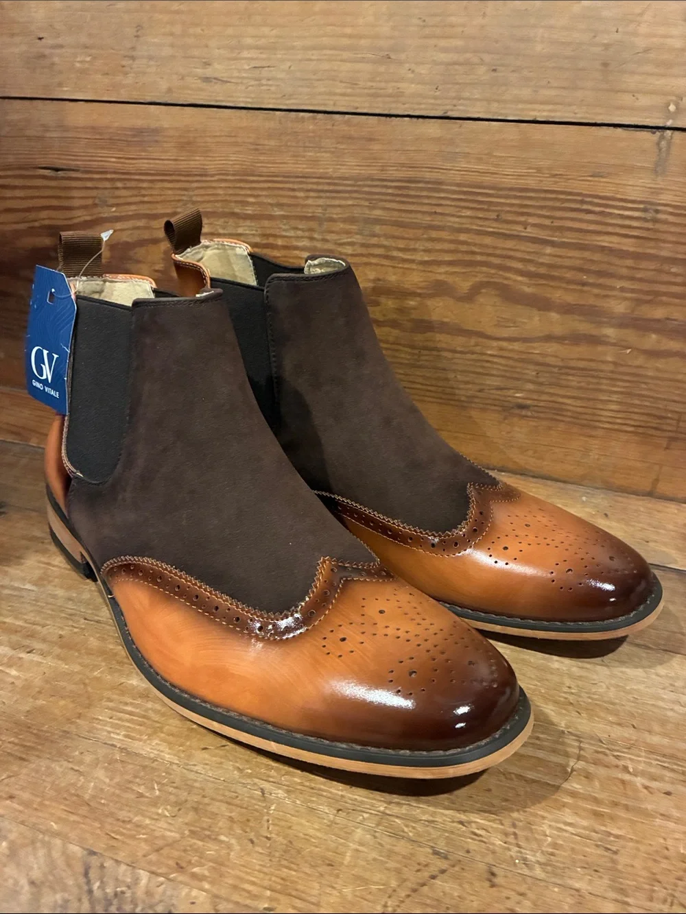 Gino Vitale Two-Tone Brown Leather & Suede Chelsea Brogue Boots - Sz 10